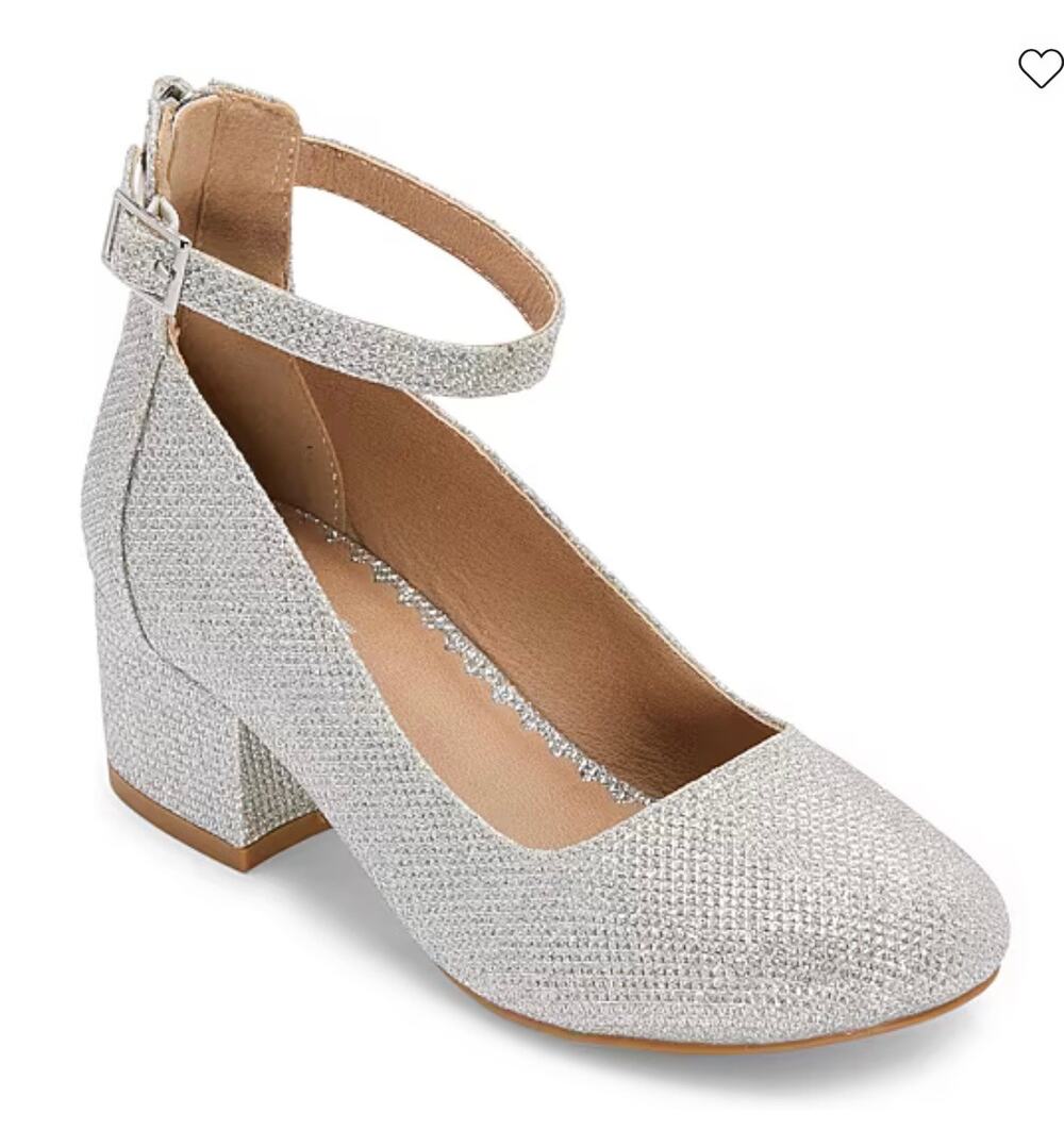 NEW! Christie & Jill Layla Silver Sparkle Girls Shoes Block Heel Pumps Size 11M